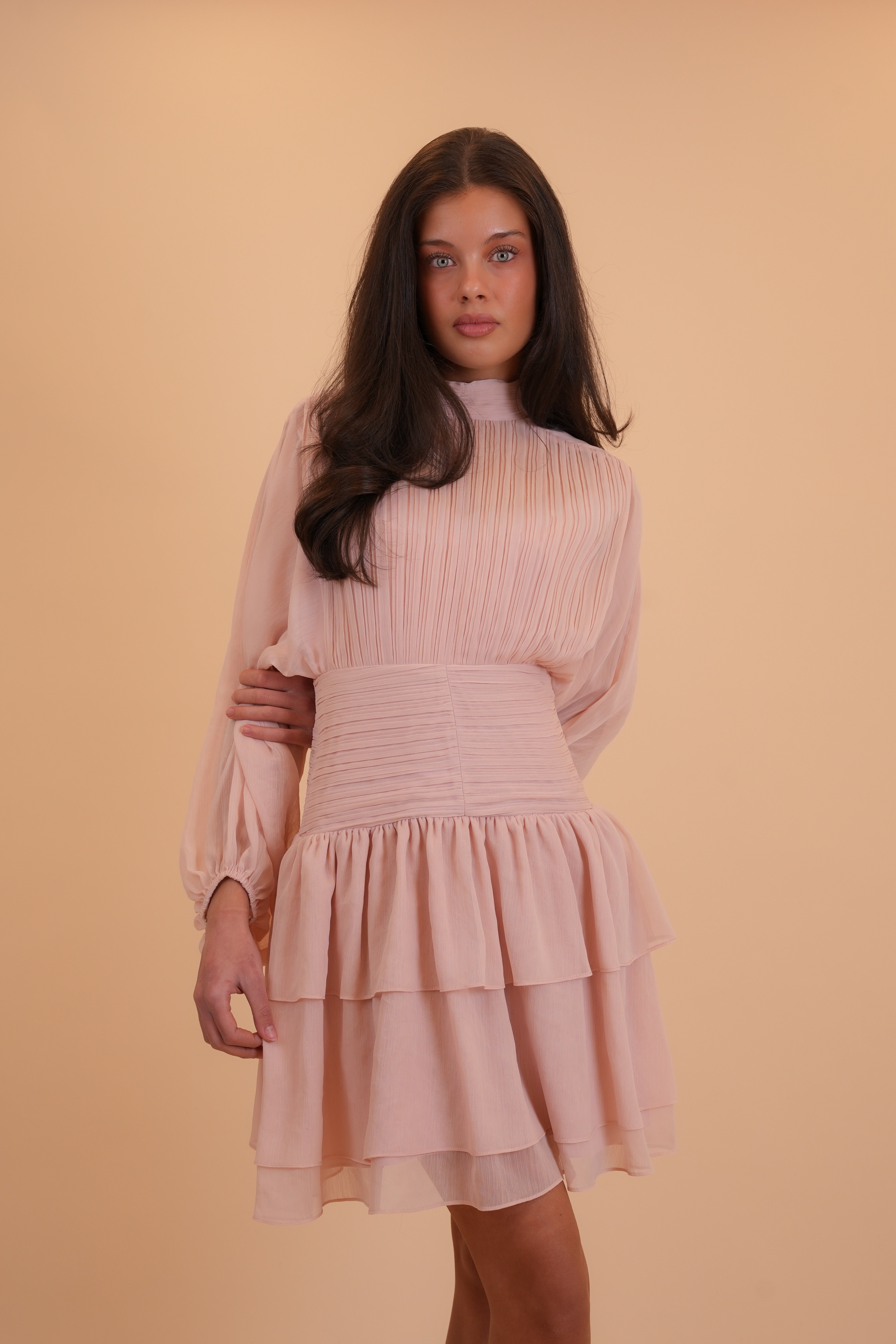 blair mini dress pink Jersey Turtleneck Ruched Backless Mini Dress in Pink - 10