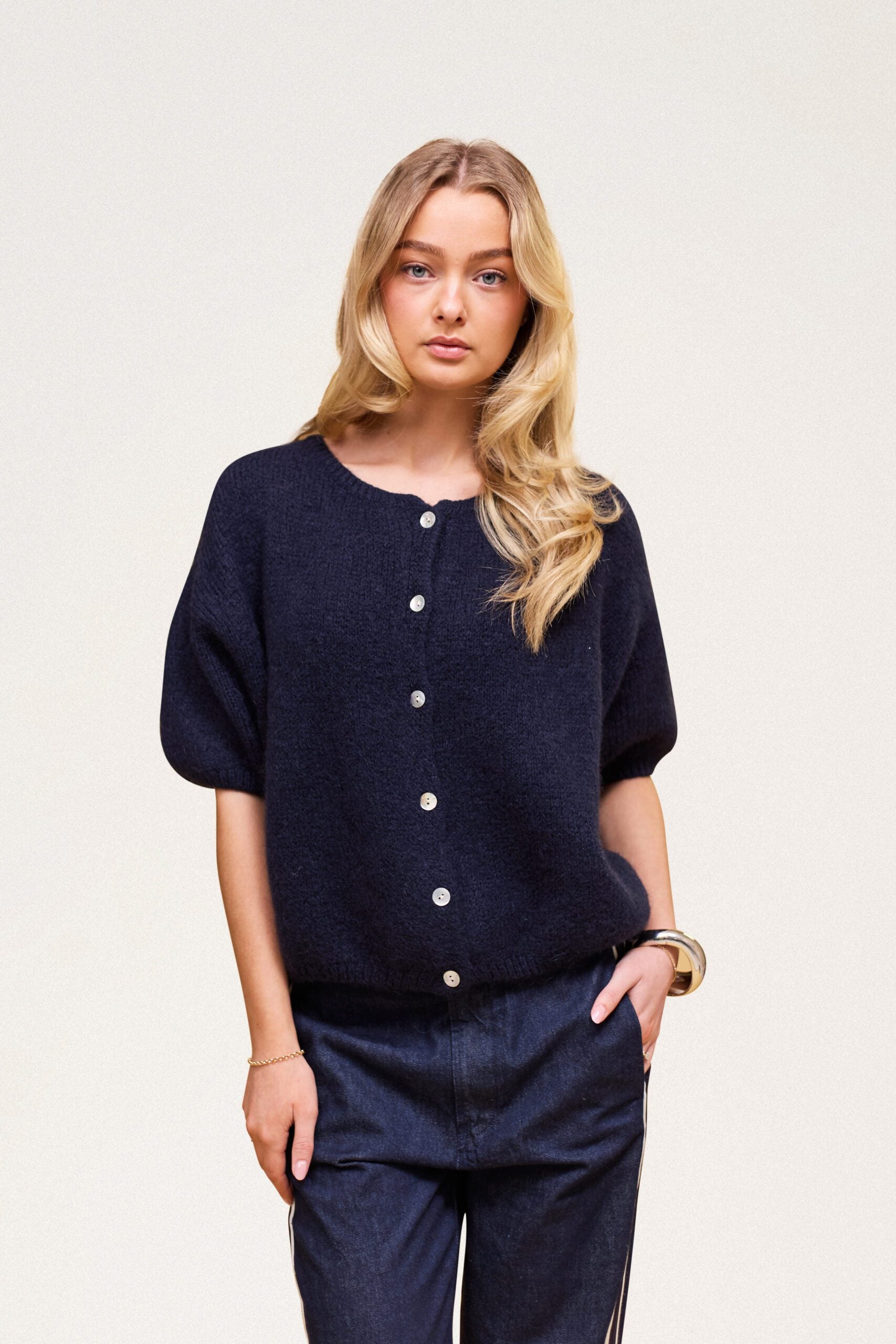 Buttoned Wool T-shirt Navy