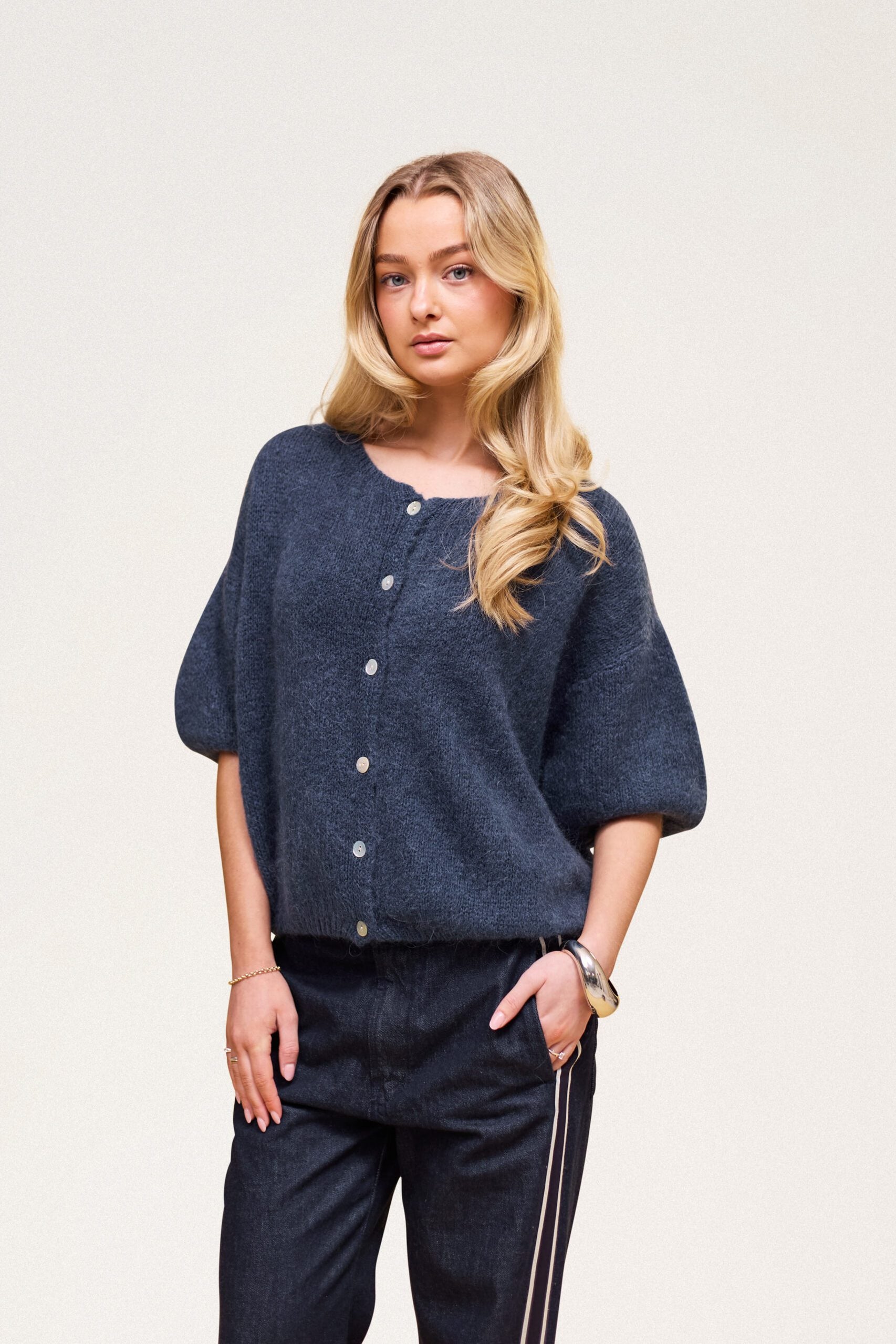 Buttoned Wool T-shirt Jean Blue