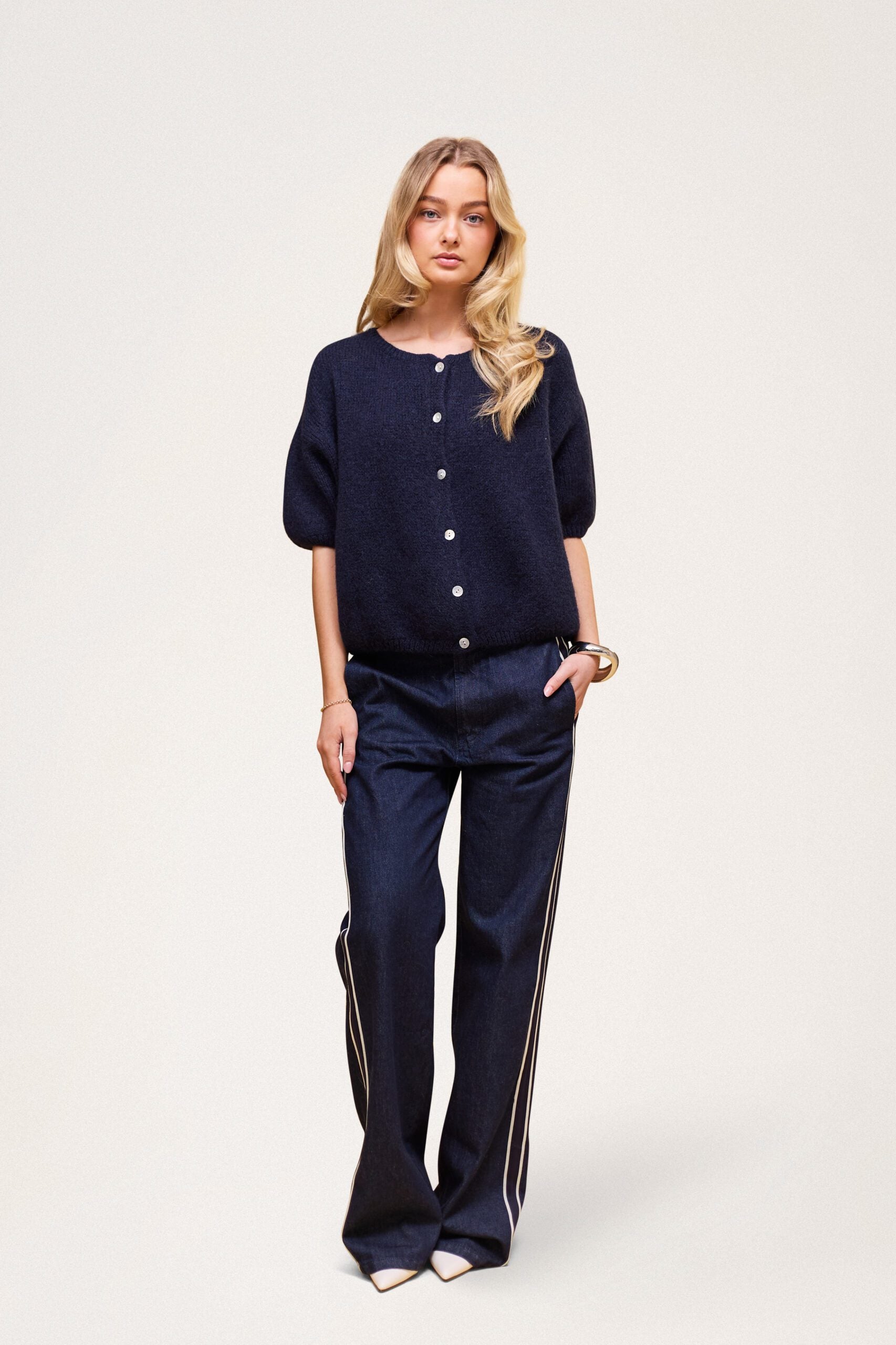 Buttoned Wool T-shirt Navy