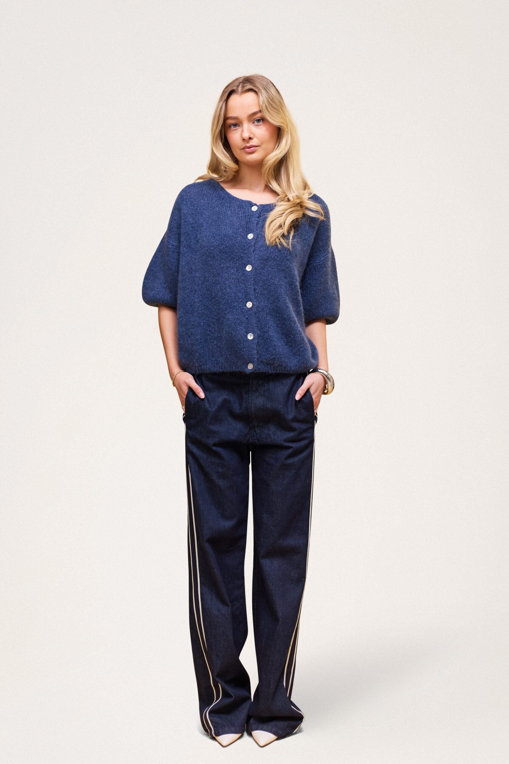 Buttoned Wool T-shirt Jean Blue